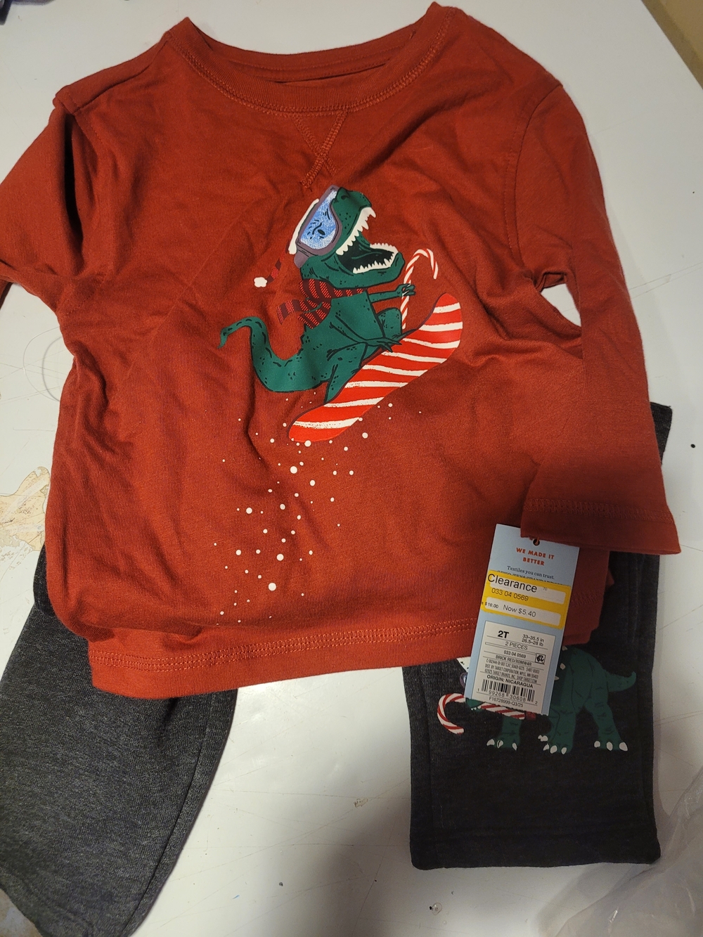 Cat & Jack Red Long Sleeve Top with Green Dinosaur Snowboard Graphic